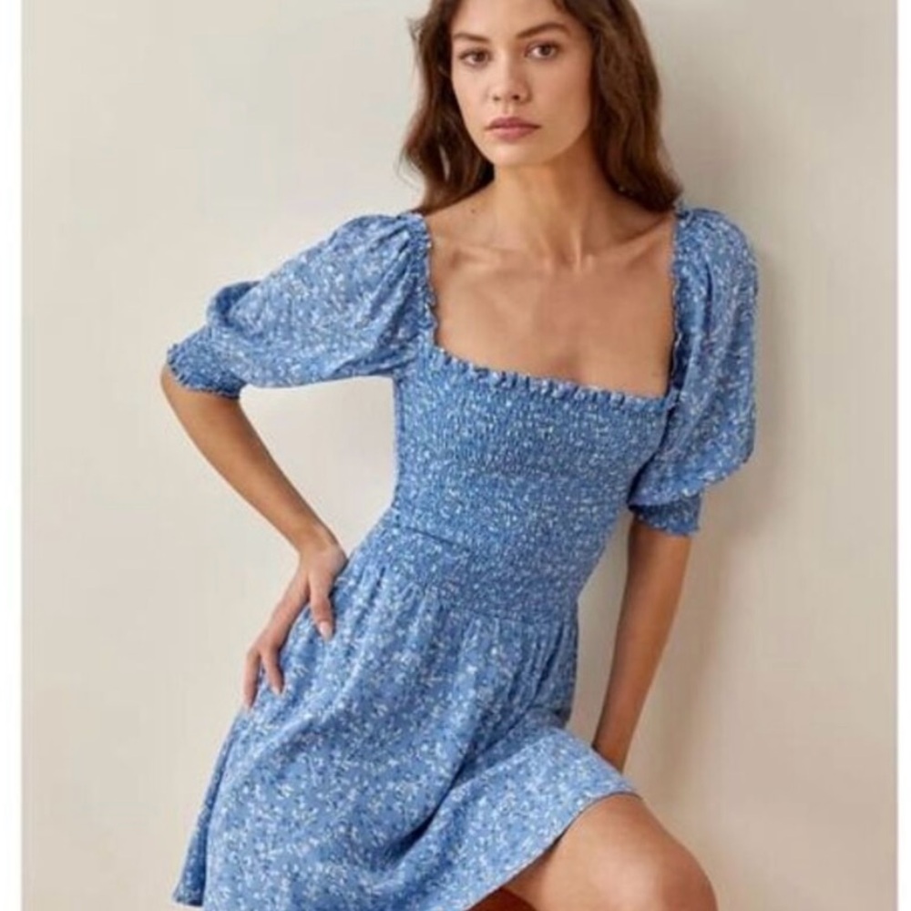 Reformation Blue Elle puff sleeve mini dress, size 6